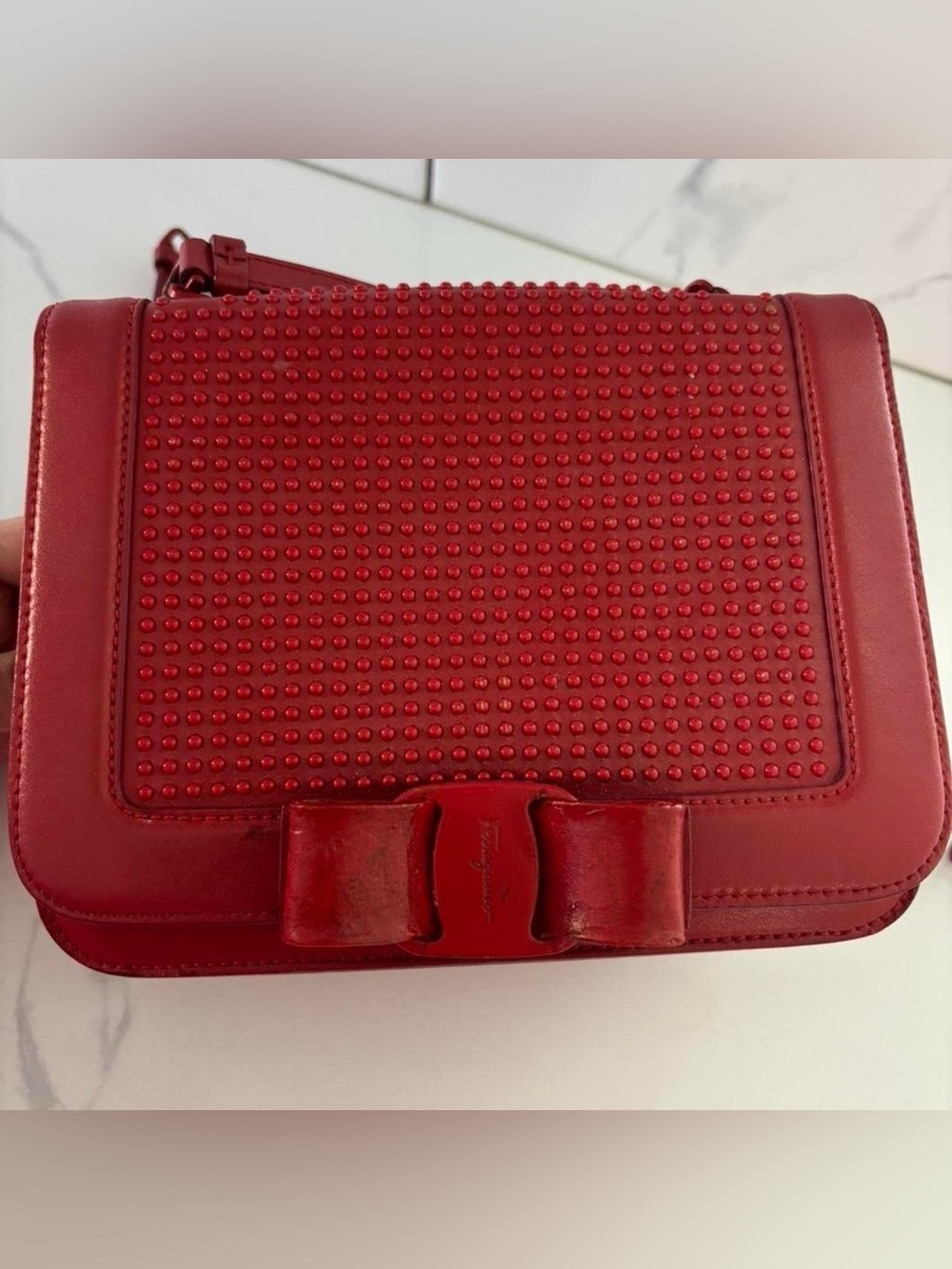 Salvatore Ferragamo Red Studded Bow Leather Crossbody Bag
